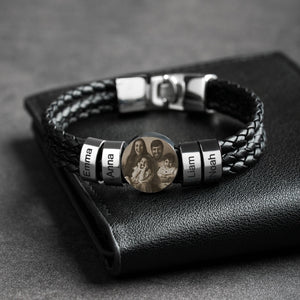 Leather Photo Men Bracelet with Name Beads - Personalized Gifts for Dad Grandpa