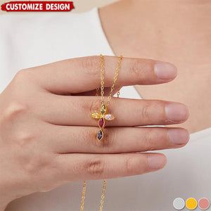 Personalized Mini Cross Pendant Necklace with 1-5 Family Birthstones Christening Gift for Woman