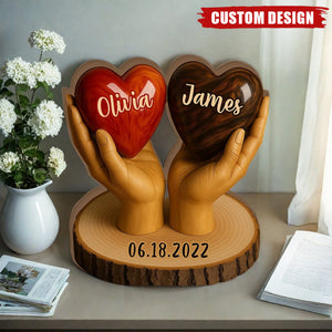 Two Hearts One Love - Personalized Couple Shaped Wood Plaque