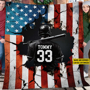 Personalized Baseball Boy American Flag Blanket - Gift For Baseball Lovers