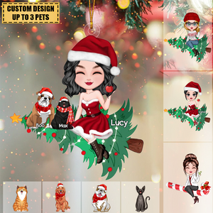 Santa Girl Sitting With Cute Pet On Christmas Tree Personalized Acrylic Ornament