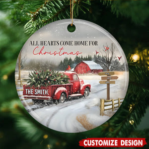 Personalized Red Truck And Snow Christmas Ornament - Gift For Family