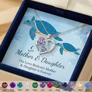Personalized Mom&Daughter Sea Turtle Birthstone Name Heart Necklace - Gift For Mom Daughter