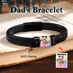 Personalised Photo Leather Bracelet Engraved Name-Men's Bracelet Gift for Dad