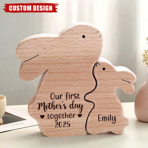 Wooden Bunny Mom And Baby - Personalized Wooden Puzzle, Mother's Day Gift