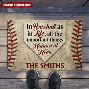 In Baseball As In Life, All The Important Things Happen At Home, Personalized Custom Doormat, Gift For Sports Fans and Family