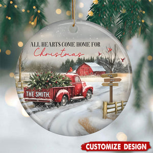 Personalized Red Truck And Snow Christmas Ornament - Gift For Family