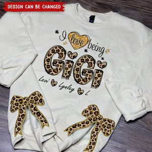 I Love Being Mimi Leopard Christmas Bow Embellished Sweatshirt - Custom Side Bow Cut-Out Sweatshirt