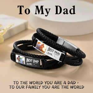Best Dad Grandpa Ever - Personalised Cuff Leather Bracelet With Photo, Men's Bracelet Gift for Dad