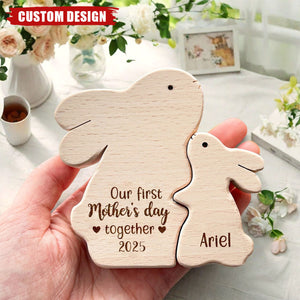 Wooden Bunny Mom And Baby - Personalized Wooden Puzzle, Mother's Day Gift