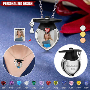 Personalized Dainty Grad Cap Zircon Heart Birthstone Necklace-Graduation Gift