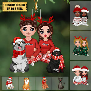 Doll Couple Sitting With Pets Christmas Personalized Acrylic Ornament