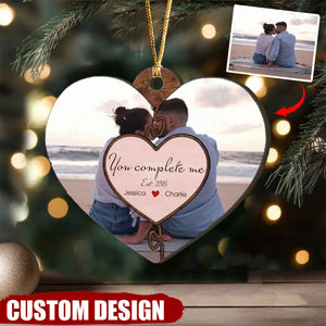 Personalized Photo You Complete Me Couple Heart Wooden Ornament
