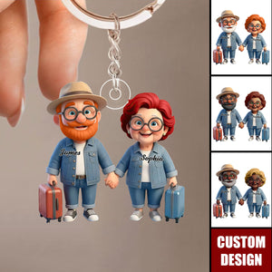 Personalized Old Couple Baby Let's Go Traveling Acrylic Keychain - Gift for Couple Him, for Her