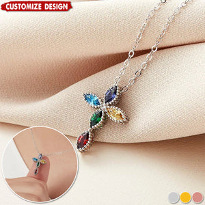 Personalized Mini Cross Pendant Necklace with 1-5 Family Birthstones Christening Gift for Woman