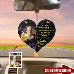 My Mind Still Talks To You - Personalized Photo Memorial Heart Acrylic Car Ornament - Gift For Family Member