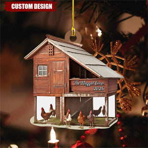 Custom Name Farmhouse Chicken Personalized Ornament, Christmas Tree Hanging Decor, Christmas Ornament, Flat 2D Ornament Wooden
