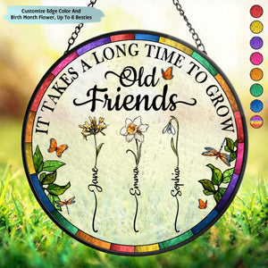 Birth Flower Grow An Old Friend - Personalized Stained Glass Window Hanging Suncatcher