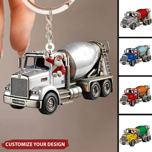 Personalized Cement Mixer Santa Keychain - Unique Holiday Gift for Construction Fans