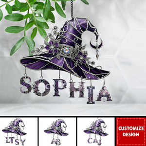Floral With Hat - Personalized Witch Window Hanging Suncatcher With Custom Charms