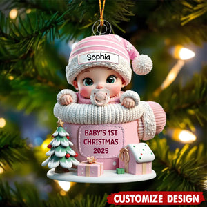 Baby In Mitten Baby's First Christmas Personalized Acrylic Flat Ornament