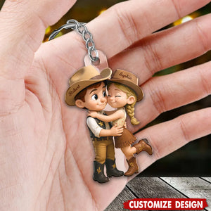 Cartoon Style Countryside Couple Cowboy Cowgirl Personalized Keychain