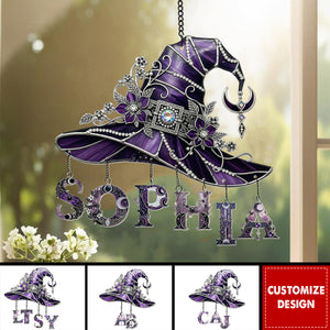 Floral With Hat - Personalized Witch Window Hanging Suncatcher With Custom Charms