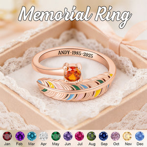 In Loving Memory - Personalized Feather Birthstone Memorial Ring