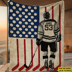 Personalized Hockey Boy American Flag Blanket - Gift For Hockey Lovers