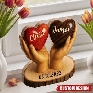 Two Hearts One Love - Personalized Couple Shaped Wood Plaque