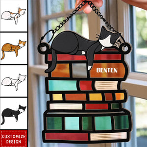 Sleeping Cat On The Books - Personalized Window Hanging Suncatcher Ornament