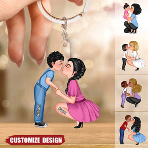 Mom And Kid Holding Hands Kissing Personalized Acrylic Keychain