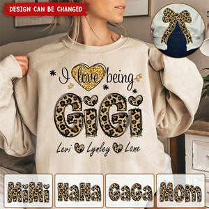 I Love Being Mimi Leopard Christmas Bow Embellished Sweatshirt - Custom Side Bow Cut-Out Sweatshirt