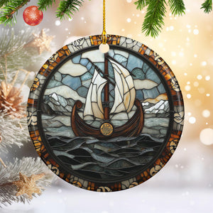 Round Viking Ship Ceramic Ornament