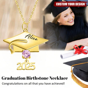 Personalized Dainty Graduation Cap Birthstone Necklace with Engraved Name and Year Graduation Birthday Gift for Graduates