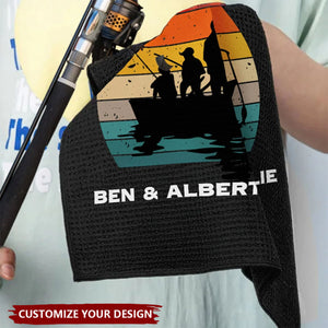 Personalized Fisherman 1-3 Kids Silhouette Soft Waffle Towel with Text and Hook Gift for Fishing Man Dad