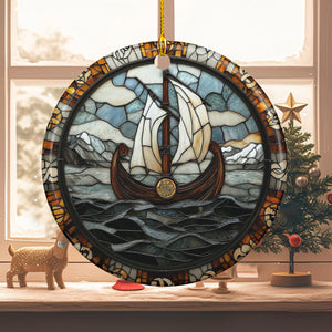 Round Viking Ship Ceramic Ornament