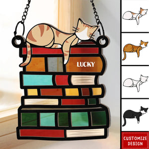 Sleeping Cat On The Books - Personalized Window Hanging Suncatcher Ornament