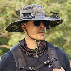 Wide Brim Solar Fan Outdoor Fishing Hat-Solar & USB Charging - Father's Day Gift