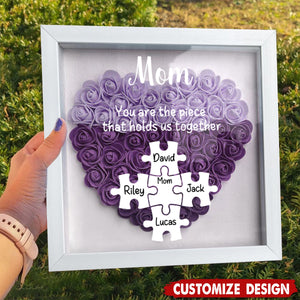 Personalized Mom Puzzle With Kids Names Heart Flower Shadow Box-Mother's Day Gift