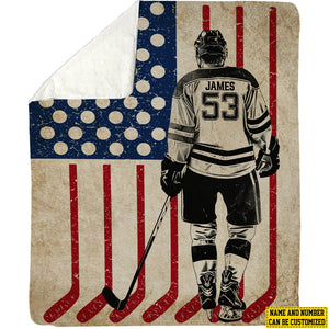 Personalized Hockey Boy American Flag Blanket - Gift For Hockey Lovers