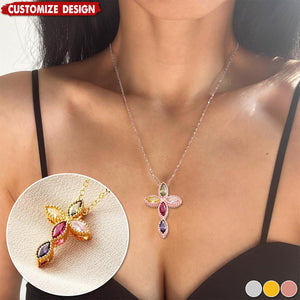 Personalized Mini Cross Pendant Necklace with 1-5 Family Birthstones Christening Gift for Woman