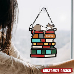 Sleeping Cat On The Books - Personalized Window Hanging Suncatcher Ornament