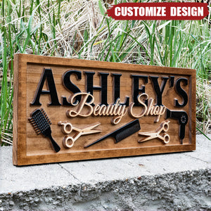Personalized Beauty Salon 2-Layer Wood Sign - Gift For Barber,Hairdresser