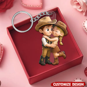 Cartoon Style Countryside Couple Cowboy Cowgirl Personalized Keychain