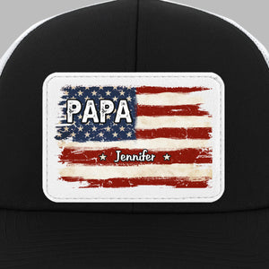 Family First Always - Personalized Leather Patch Mesh Cap - Gift For Dad, Grandpa