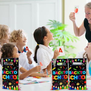 Back To School Party Favor Bags - Colorful Pencil Flag Decorative Plastic Treat Bags