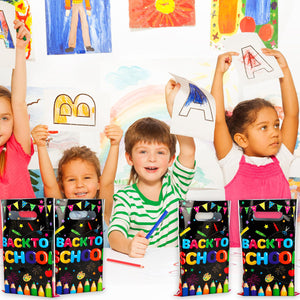 Back To School Party Favor Bags - Colorful Pencil Flag Decorative Plastic Treat Bags