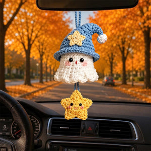 Halloween 2026 Crochet Ghost Car Charm, Handmade Mirror Accessory, Cute Spooky Car Ornament