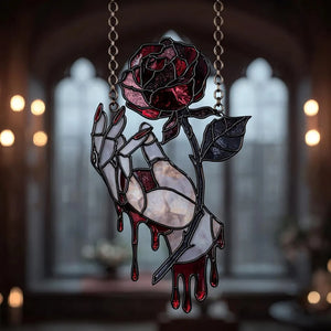 Gothic Bloody Rose Hand Acrylic Suncatcher - Faux Stained Glass Window Hanging, Gothic Vampire Decor, Unique Gift For Dark Romance Lovers